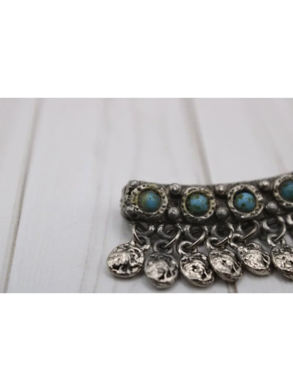 Germany Turquoise Brooch Pin Fringe Coins Silver Celtic Ethnic Hat Scarf Lapel
